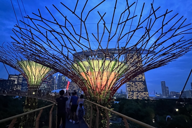 Pedestrians on an elevated walkway view a nighttime Singapore skyline 